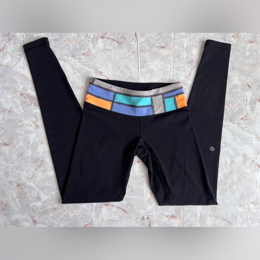 Lululemon Activewear Colorblock Waist Black Ankle Sporty Leggings Pants Sz 4